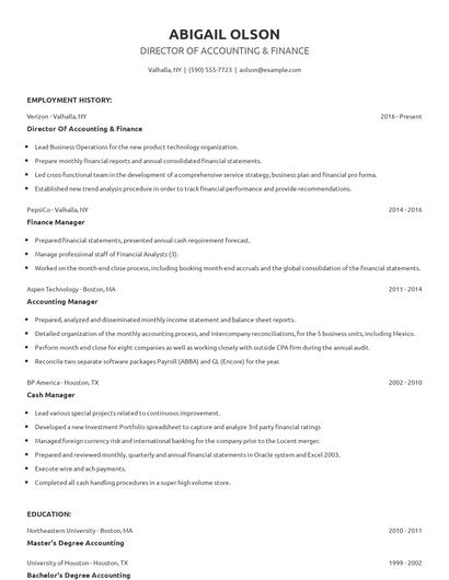 Director Of Accounting & Finance Resume