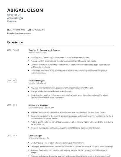 Director Of Accounting & Finance Resume