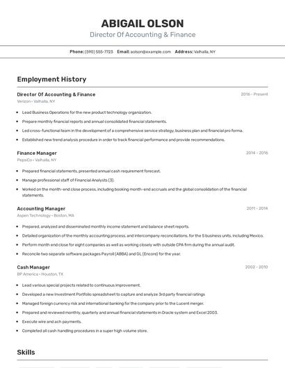Director Of Accounting & Finance Resume