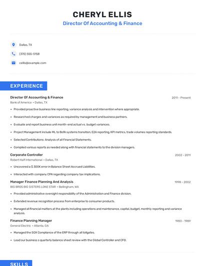 Director Of Accounting & Finance Resume