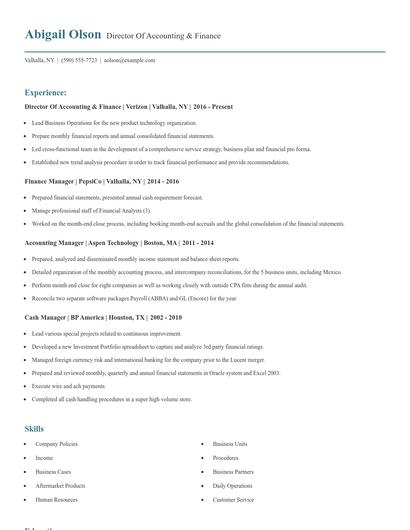 Director Of Accounting & Finance Resume