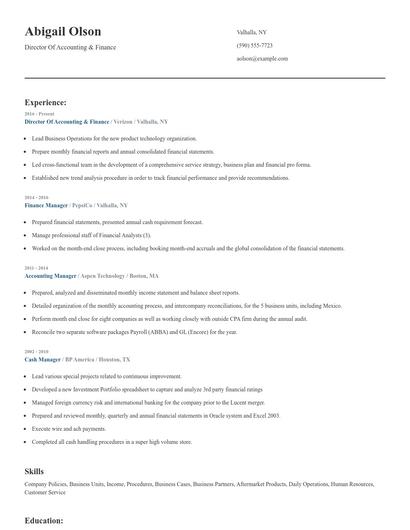 Director Of Accounting & Finance Resume