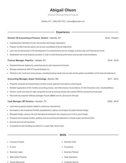 Director Of Accounting & Finance Resume