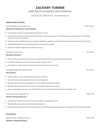 Director Of Admissions And Marketing Resume