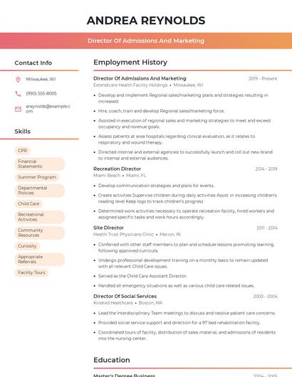 Director Of Admissions And Marketing Resume