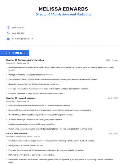 Director Of Admissions And Marketing Resume