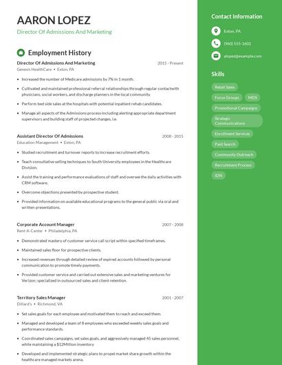 Director Of Admissions And Marketing Resume