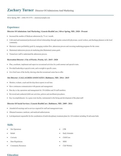 Director Of Admissions And Marketing Resume
