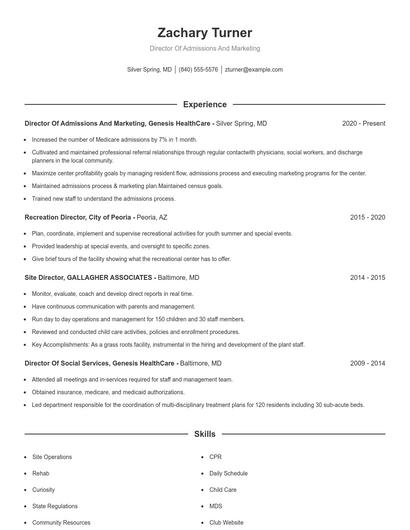 Director Of Admissions And Marketing Resume
