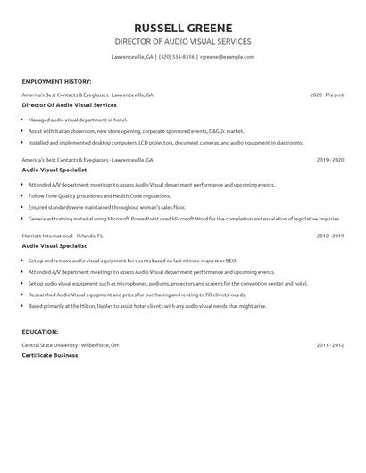 Director Of Audio Visual Services Resume
