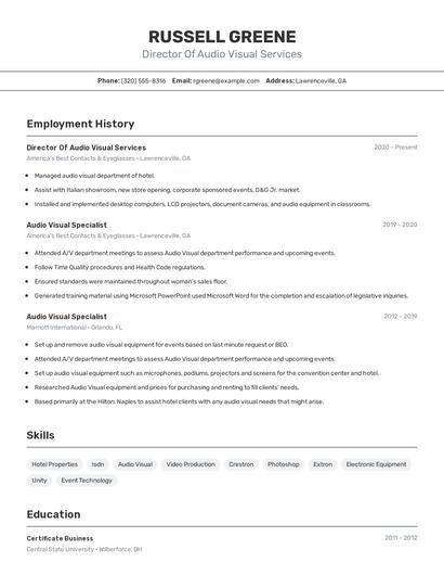 Director Of Audio Visual Services Resume