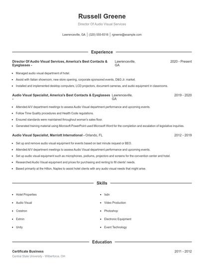 Director Of Audio Visual Services Resume