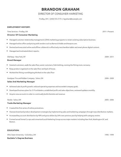 Director Of Consumer Marketing Resume