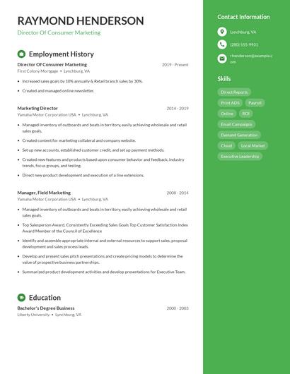 Director Of Consumer Marketing Resume