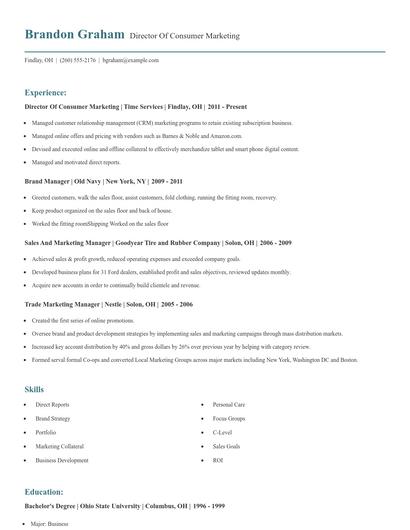 Director Of Consumer Marketing Resume