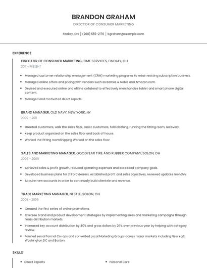 Director Of Consumer Marketing Resume