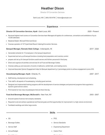 Director Of Convention Services Resume