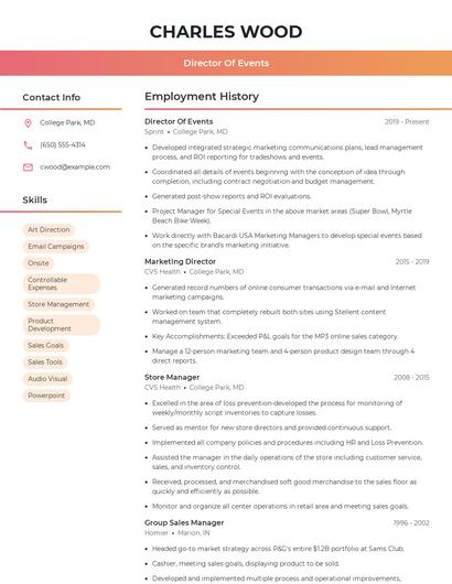 Director Of Events Resume