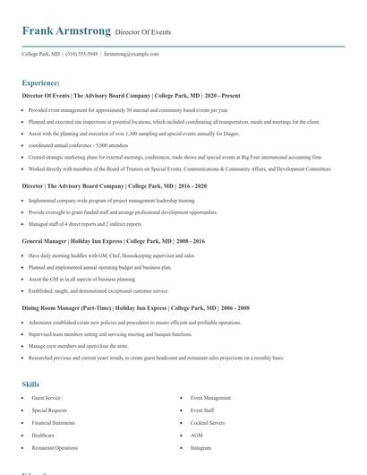 Director Of Events Resume