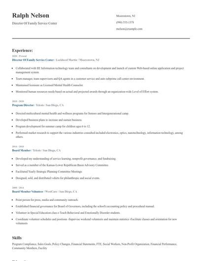 Director Of Family Service Center Resume