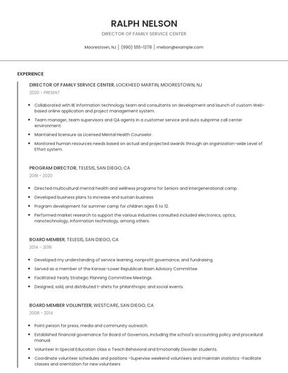 Director Of Family Service Center Resume