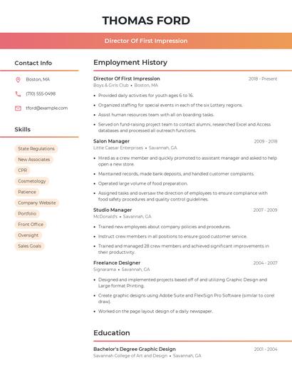 Director Of First Impression Resume