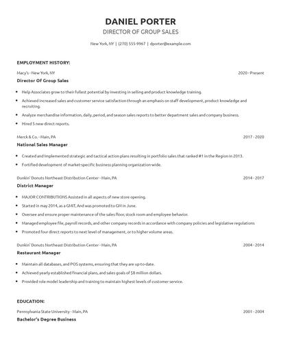 Director Of Group Sales Resume