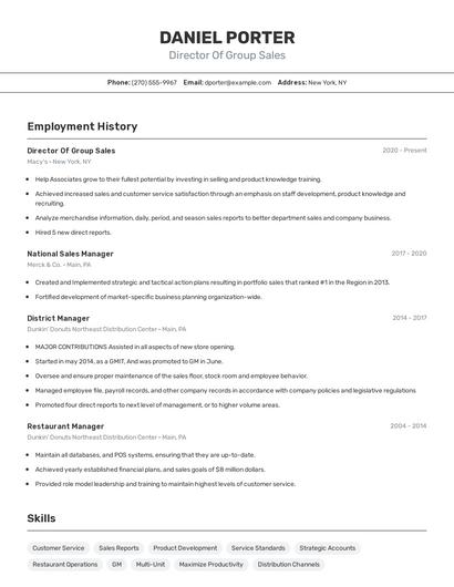 Director Of Group Sales Resume