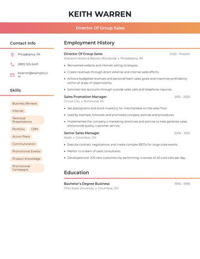 Director Of Group Sales Resume