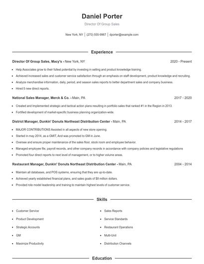Director Of Group Sales Resume