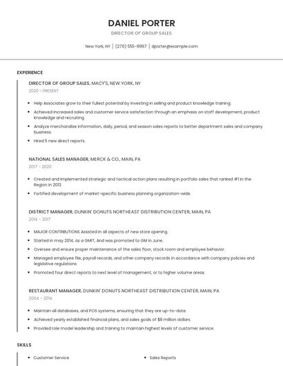 Director Of Group Sales Resume