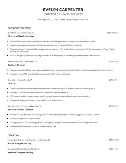 Director Of Health Services Resume