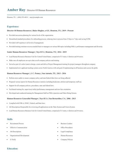 Director Of Human Resources Resume