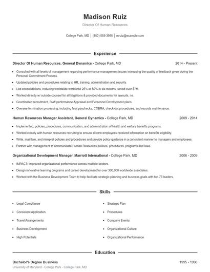 Director Of Human Resources Resume