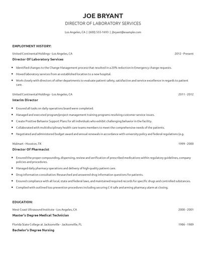 Director Of Laboratory Services Resume