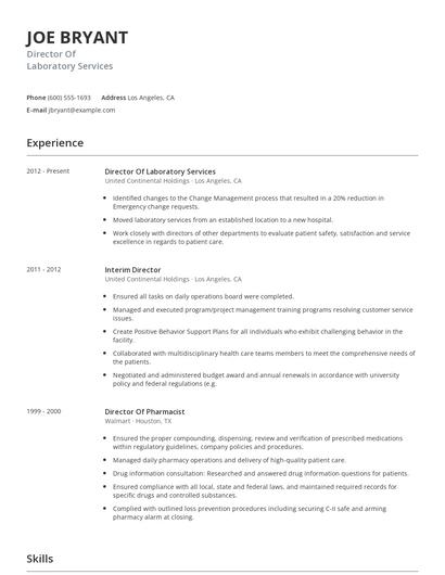 Director Of Laboratory Services Resume