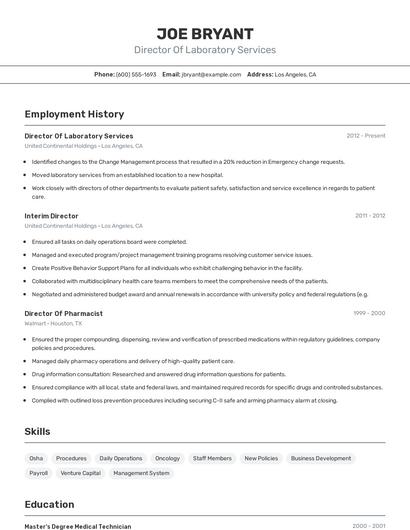 Director Of Laboratory Services Resume