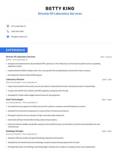 Director Of Laboratory Services Resume