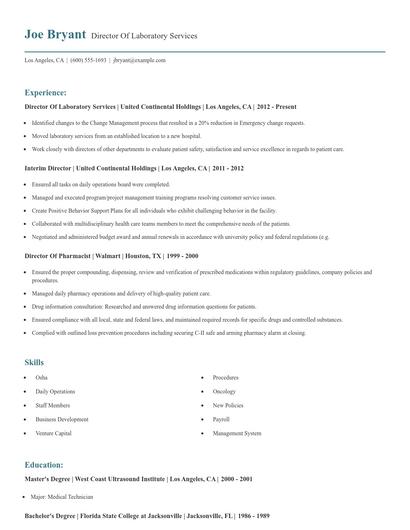 Director Of Laboratory Services Resume