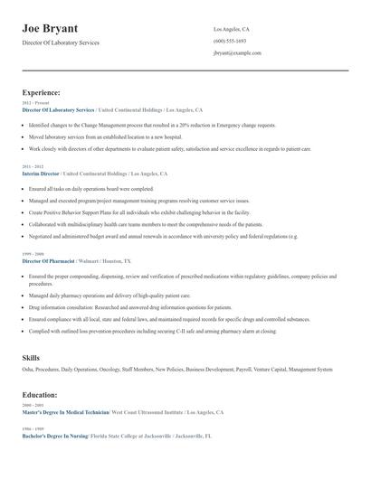 Director Of Laboratory Services Resume