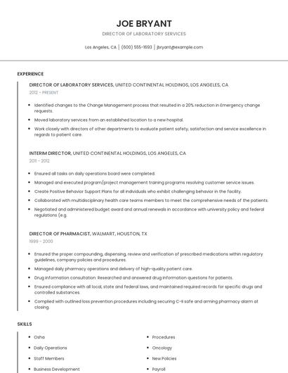 Director Of Laboratory Services Resume