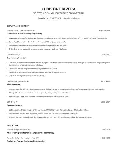 Director Of Manufacturing Engineering Resume