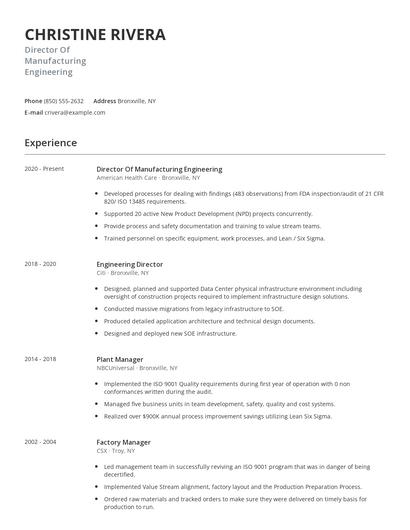 Director Of Manufacturing Engineering Resume