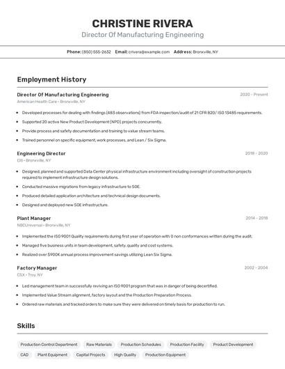 Director Of Manufacturing Engineering Resume