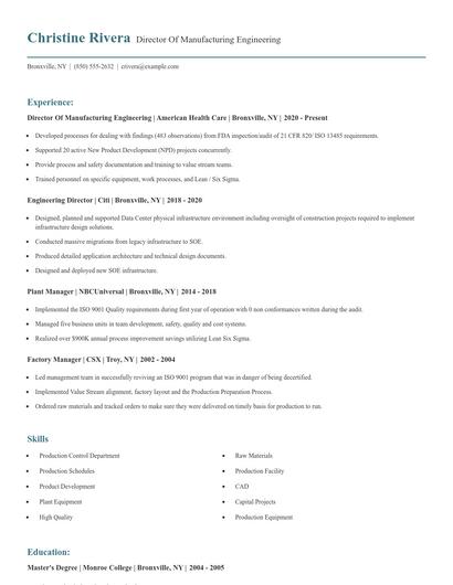 Director Of Manufacturing Engineering Resume