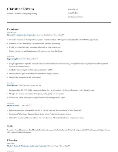 Director Of Manufacturing Engineering Resume