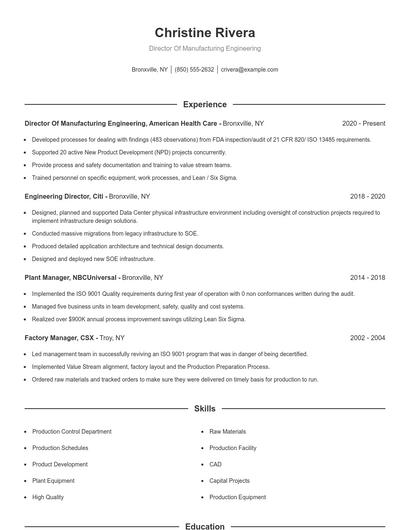 Director Of Manufacturing Engineering Resume