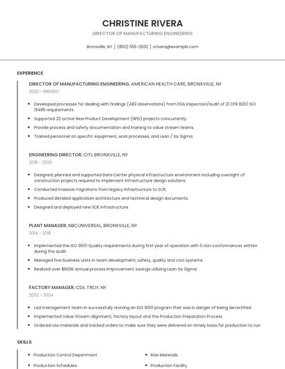Director Of Manufacturing Engineering Resume