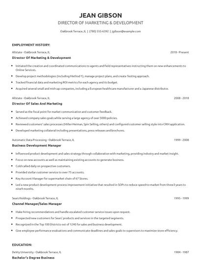 Director Of Marketing & Development Resume