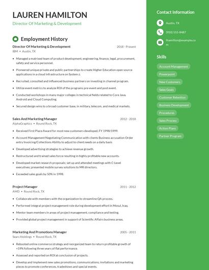 Director Of Marketing & Development Resume